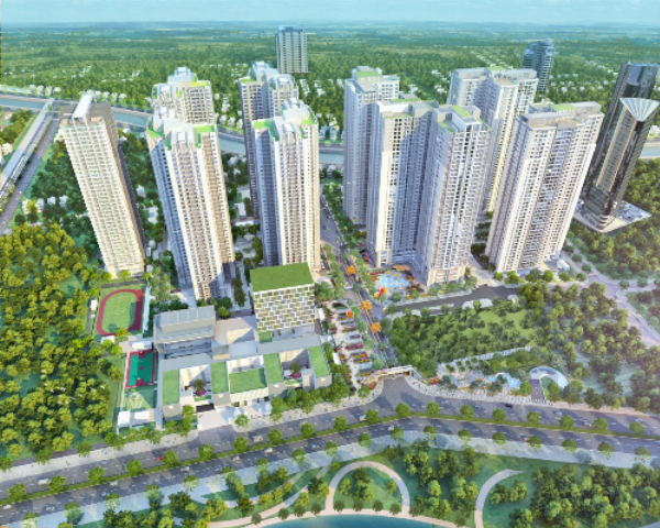 Không gian xanh Goldmark City với các tiện ích nội khu cao cấp như bể bơi và khu vui chơi.